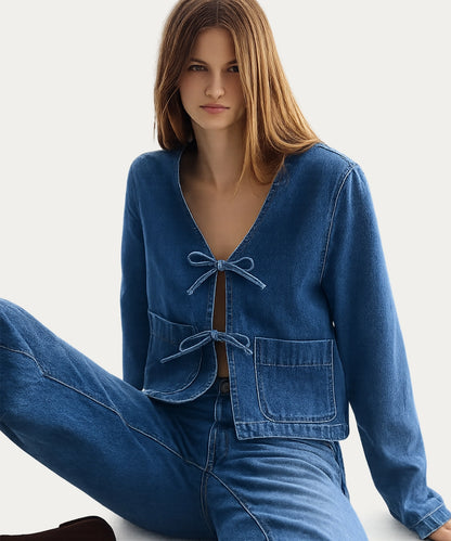 Cropped Denim Tie Jacket