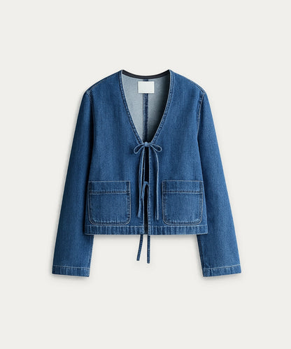 Cropped Denim Tie Jacket